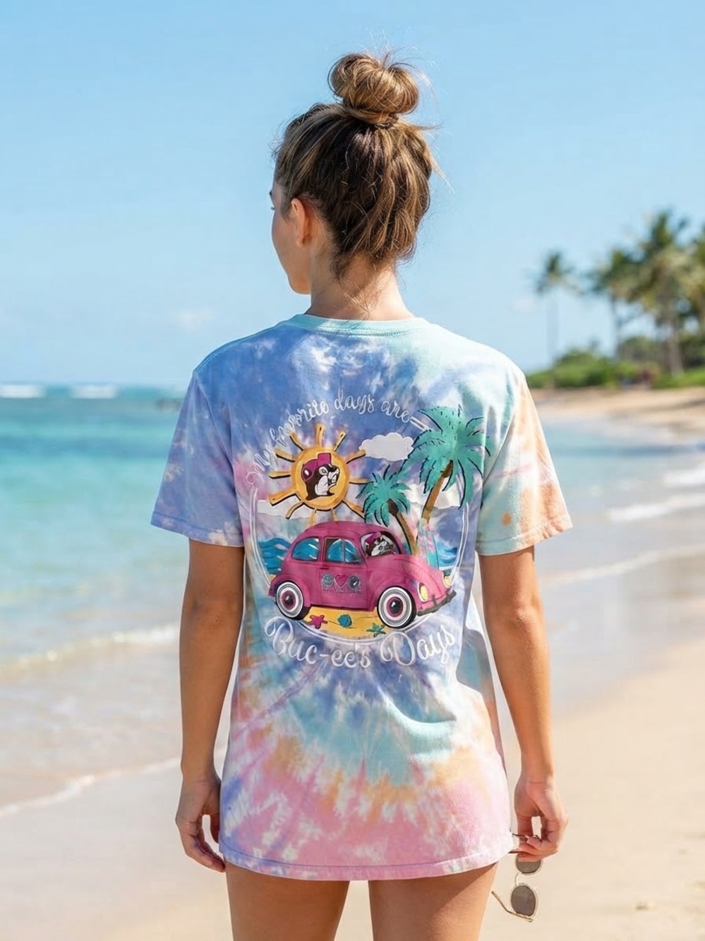 Tie-Dye Pink and Blue Beach Graphic Tee - Women's Short Sleeve